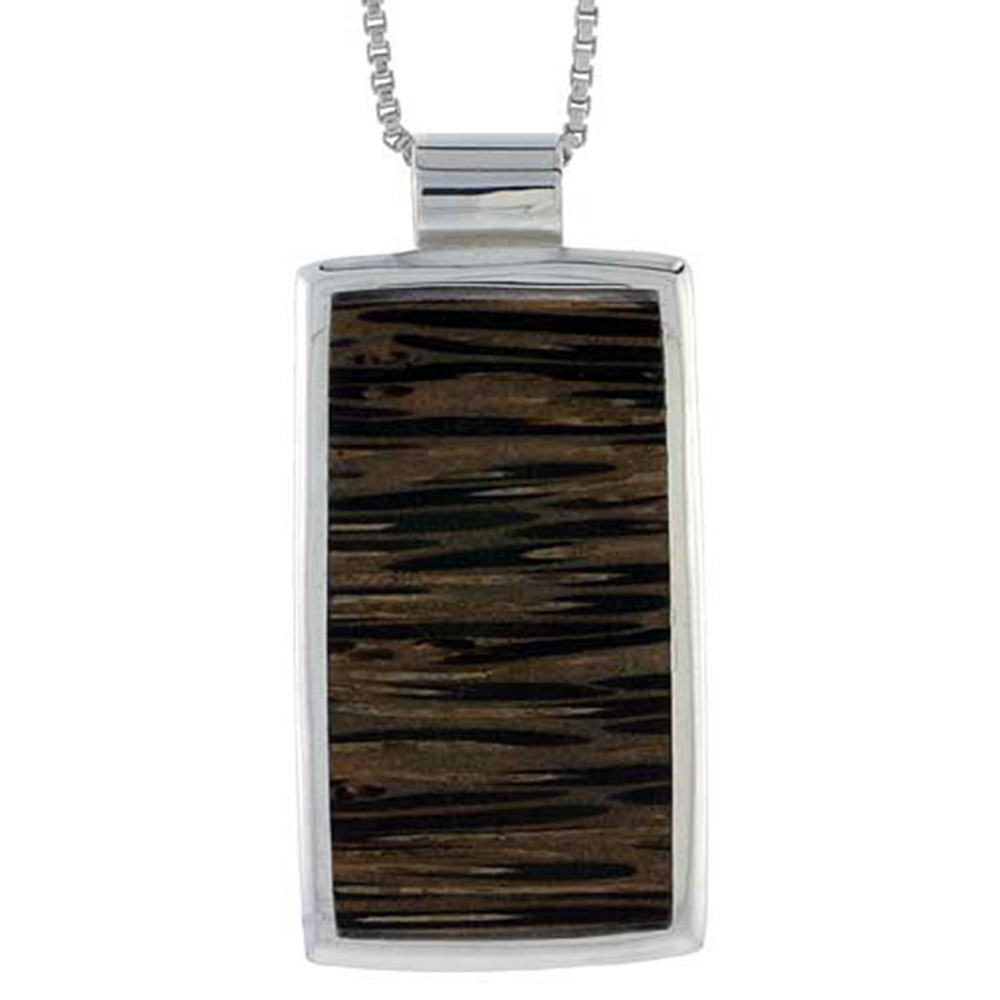 STERLING SILVER RECTANGULAR SLIDER PENDANT, W/ ANCIENT WOOD INLAY, 1 1/8" (29 MM) TALL, W/ 18" THIN SNAKE CHAIN