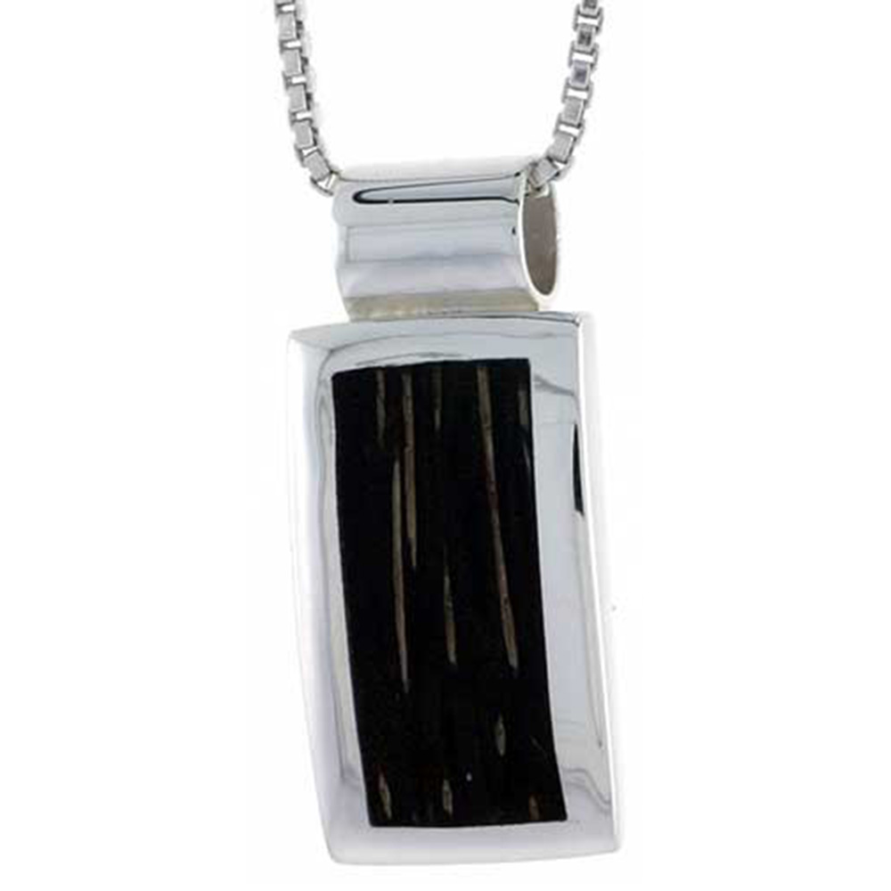 STERLING SILVER RECTANGULAR SLIDER PENDANT, W/ ANCIENT WOOD INLAY, 3/4" (19 MM) TALL, W/ 18" THIN SNAKE CHAIN