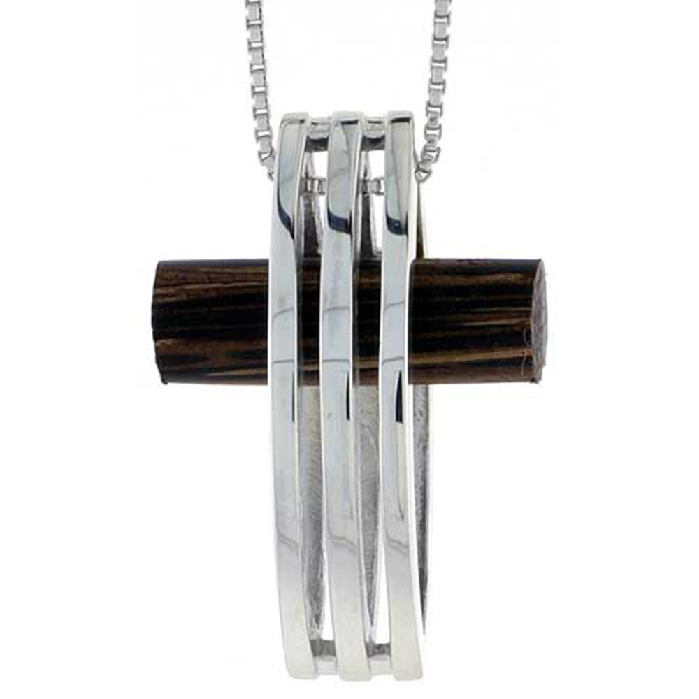 STERLING SILVER CROSS W/ STRIPE CUT OUT SLIDER PENDANT, W/ ANCIENT WOOD INLAY, 1 3/16" (30 MM) TALL, W/ 18" THIN SNAKE CHAIN