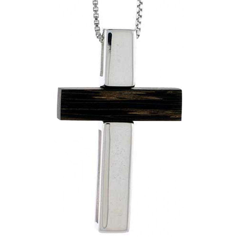 STERLING SILVER LATIN CROSS SLIDER PENDANT, W/ ANCIENT WOOD INLAY, 1 7/16" (37 MM) TALL, W/ 18" THIN SNAKE CHAIN