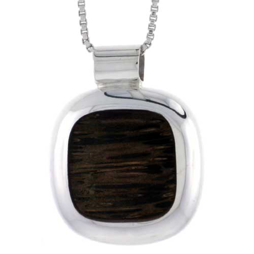 STERLING SILVER CUSHION-SHAPED SLIDER PENDANT, W/ ANCIENT WOOD INLAY, 3/4" (20 MM) TALL, W/ 18" THIN SNAKE CHAIN