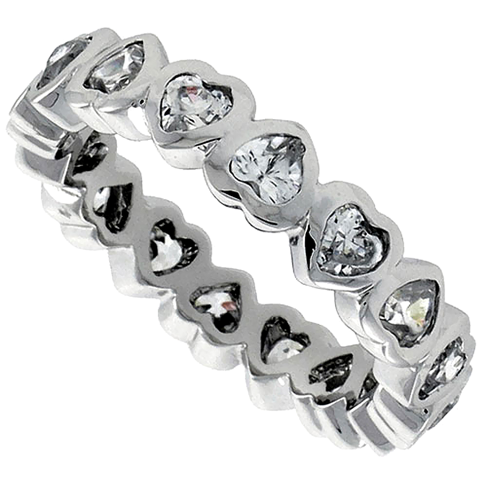 STERLING SILVER CUBIC ZIRCONIA ETERNITY BAND RING HEART-SHAPED 3X3MM RHODIUM FINISH, SIZES 6 - 9