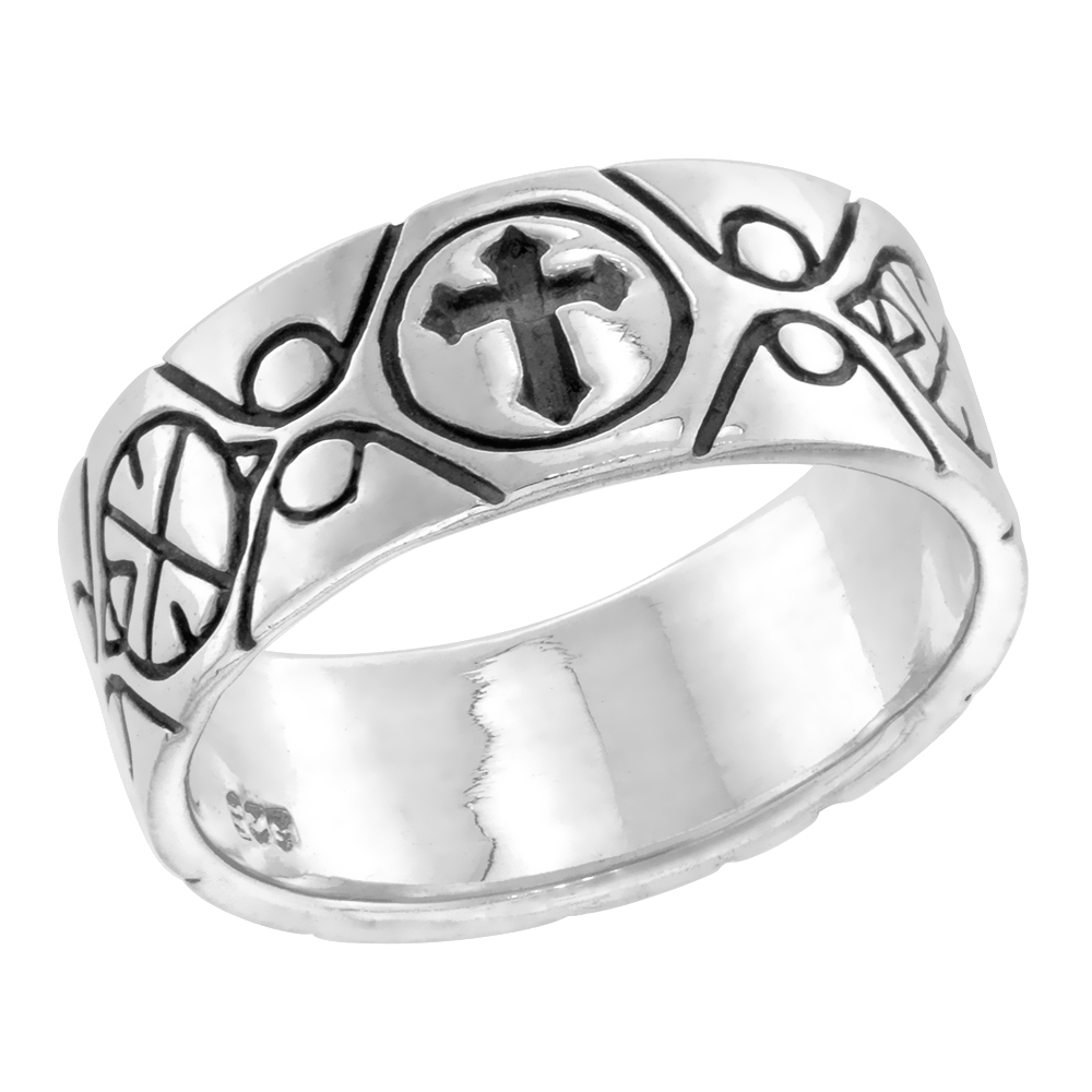 STERLING SILVER CELTIC CROSS FLEURY RING FLAT 3/8 INCH WIDE, SIZES 9-14