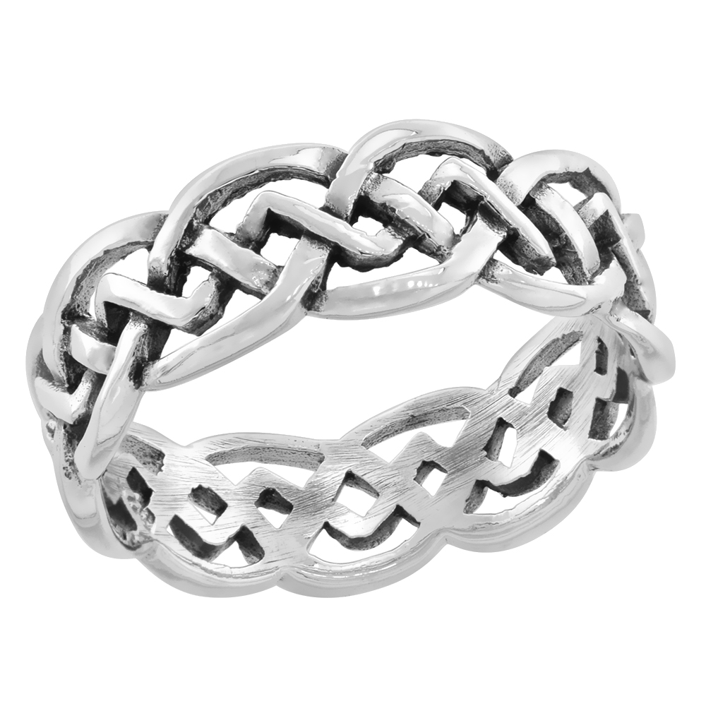 STERLING SILVER CELTIC KNOT RING FLAT WEDDING BAND THUMB RING 1/4 INCH WIDE, SIZES 9-14