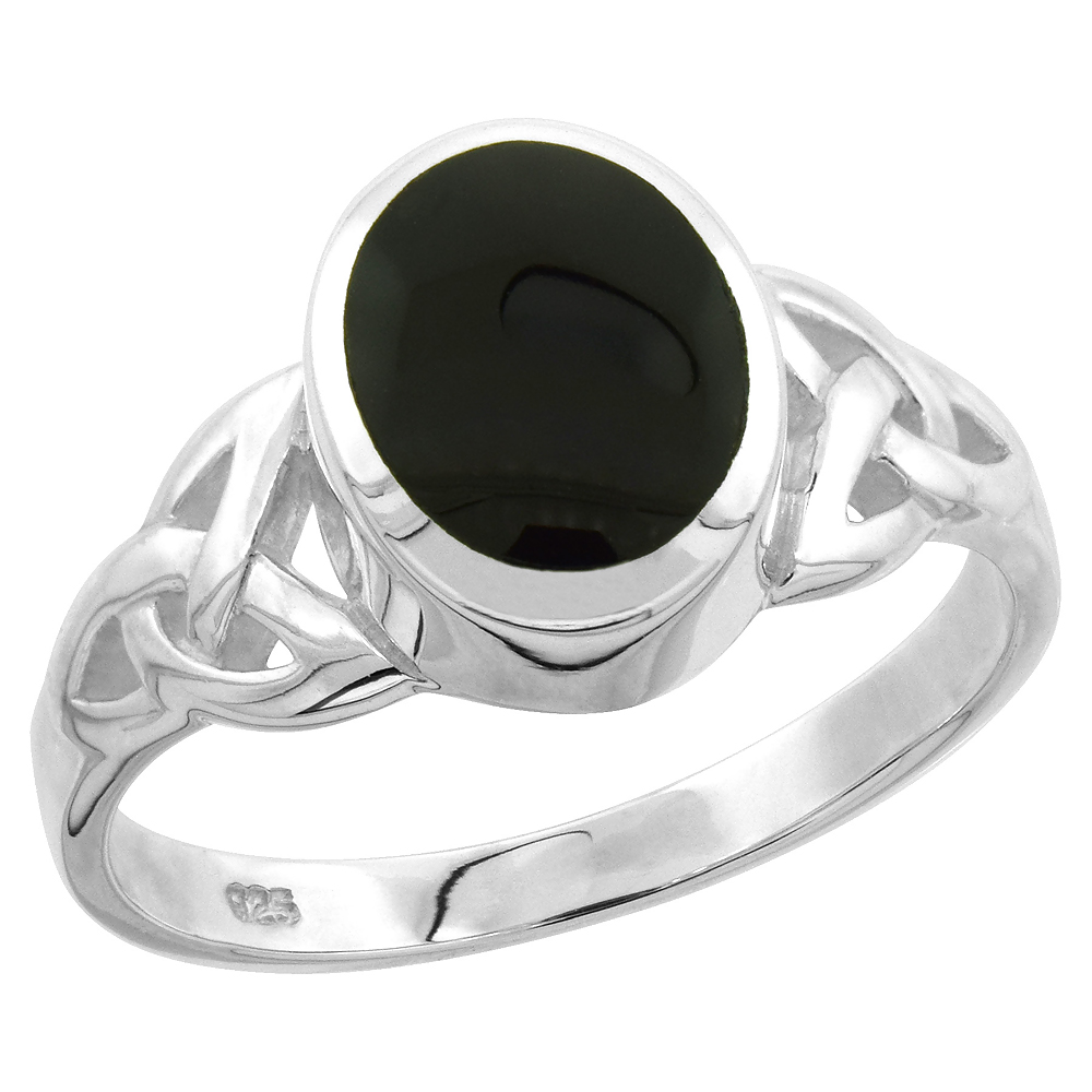 STERLING SILVER OVAL BLACK ONYX CELTIC KNOT TRINITY TRIQUETRA RING FOR WOMEN HIGH POLISH 7/16 INCH SIZES 6-12