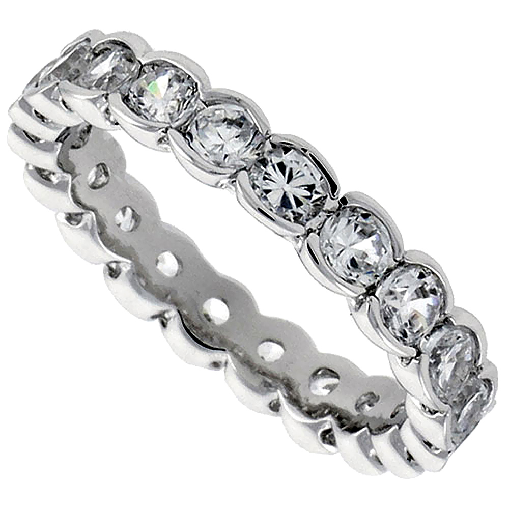 STERLING SILVER CUBIC ZIRCONIA ETERNITY RING 2.5MM ROUND RHODIUM FINISH, SIZES 6 - 9