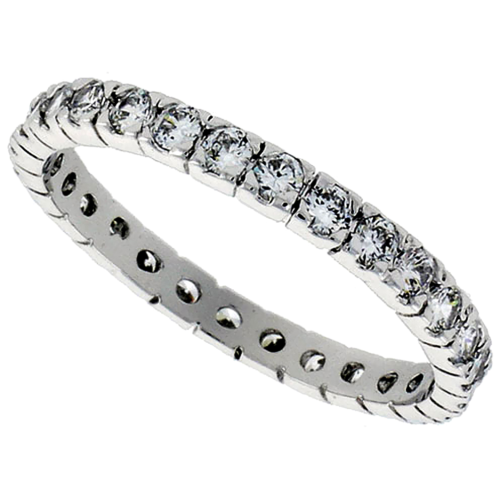 STERLING SILVER CUBIC ZIRCONIA ETERNITY RING 2MM ROUND RHODIUM FINISH SIZES 6 - 9