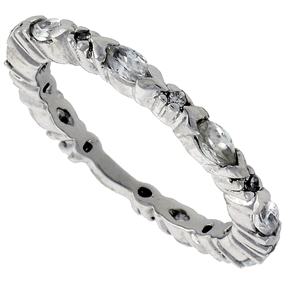 STERLING SILVER CUBIC ZIRCONIA ETERNITY RING MARQUISE CUT 4X2MM RHODIUM FINISH SIZES 6 - 9