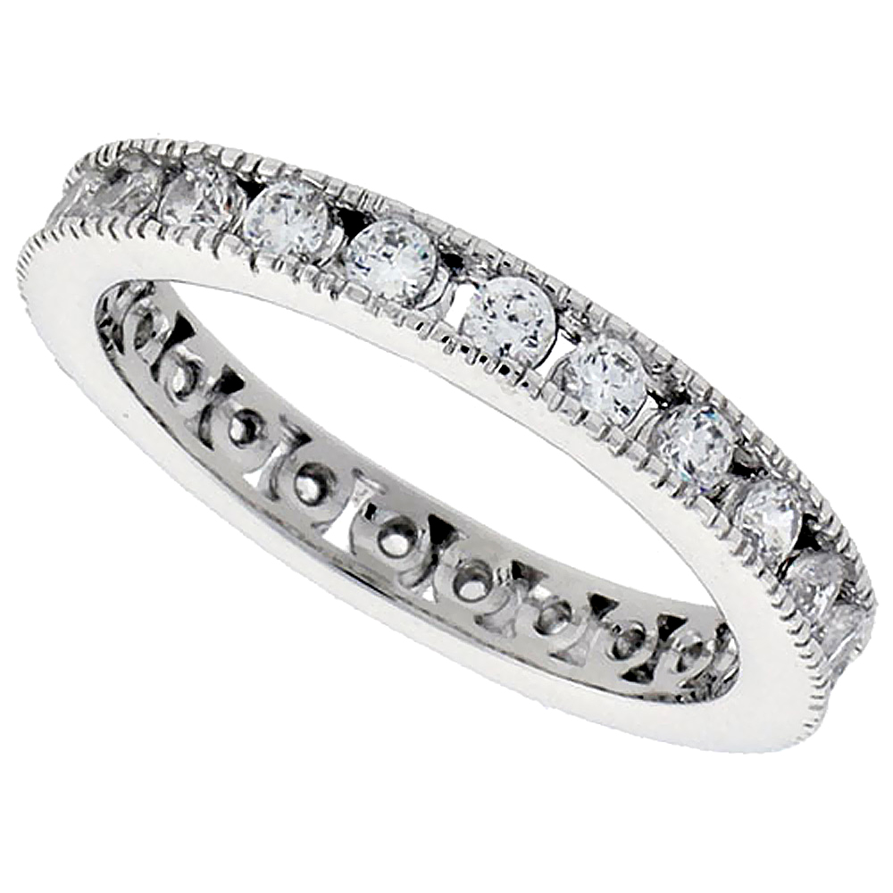 STERLING SILVER CUBIC ZIRCONIA ETERNITY RING CHANNEL SET 2MM ROUND RHODIUM FINISH SIZES 6 - 9
