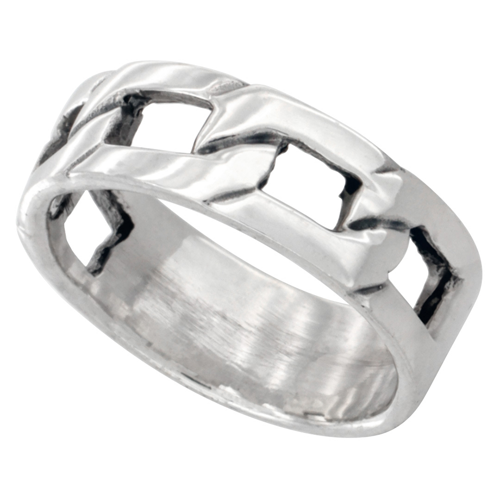 STERLING SILVER LINK CHAIN RING 1/2 INCH WIDE SIZES 5 - 10