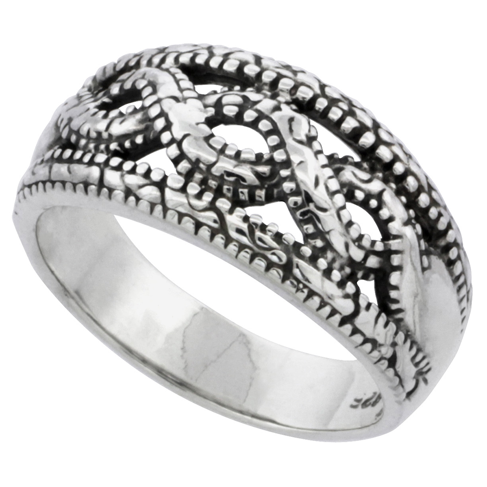 STERLING SILVER BRAIDED BEAD RING 7/16 INCH WIDE SIZES 5 - 13