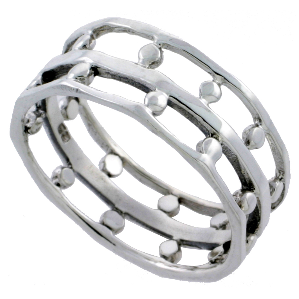 STERLING SILVER BEADED WIRE RING WEDDING BAND THUMB RING 3/8 INCH WIDE SIZES 6 - 10