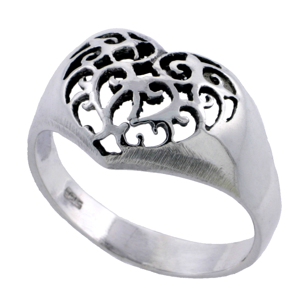 STERLING SILVER FILIGREE HEART RING 7/16 INCH WIDE SIZES 4 - 11