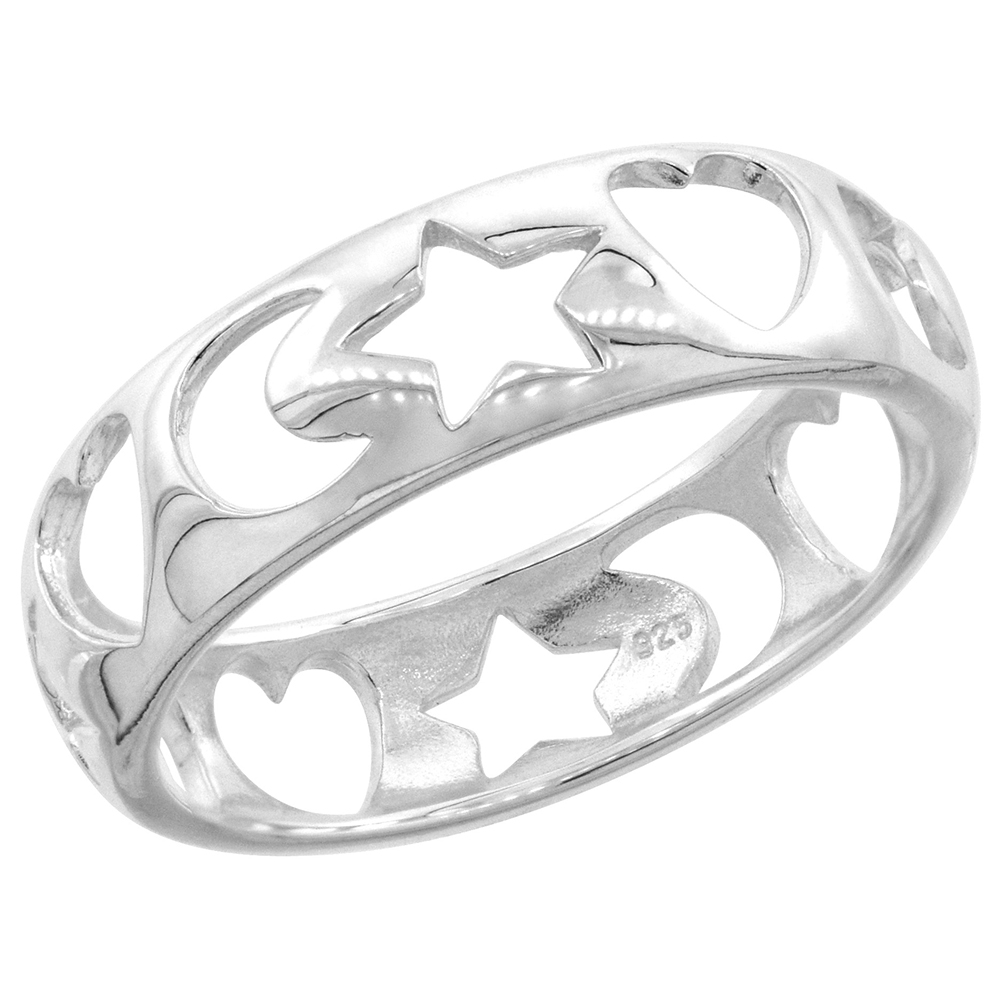 Sterling Silver Hearts Stars & Crescent Moon Ring 1/4 inch wide sizes 5 - 10