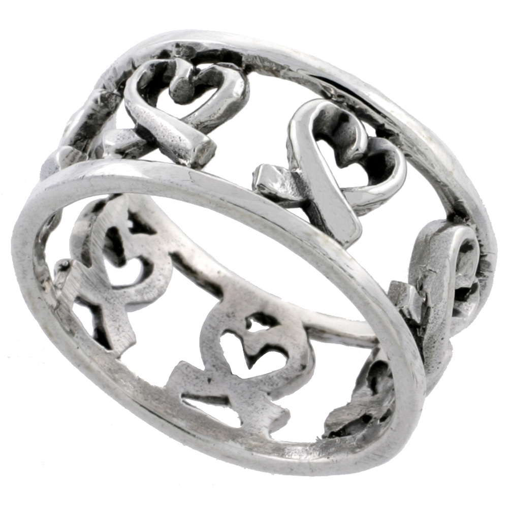 STERLING SILVER DAINTY HEARTS RING 3/8 INCH WIDE SIZES 6 - 13
