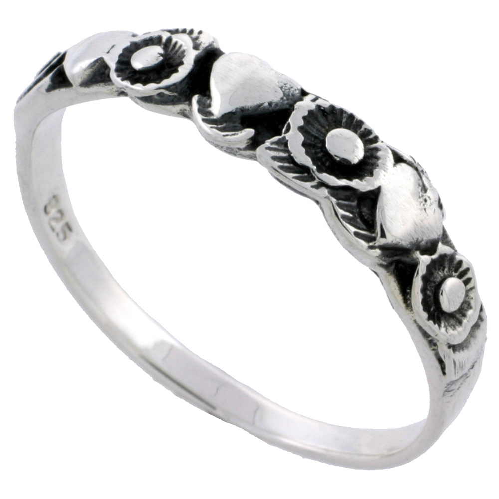 Sterling Silver Dainty Hearts & Flowers Ring 3/16 inch wide sizes 6 - 10