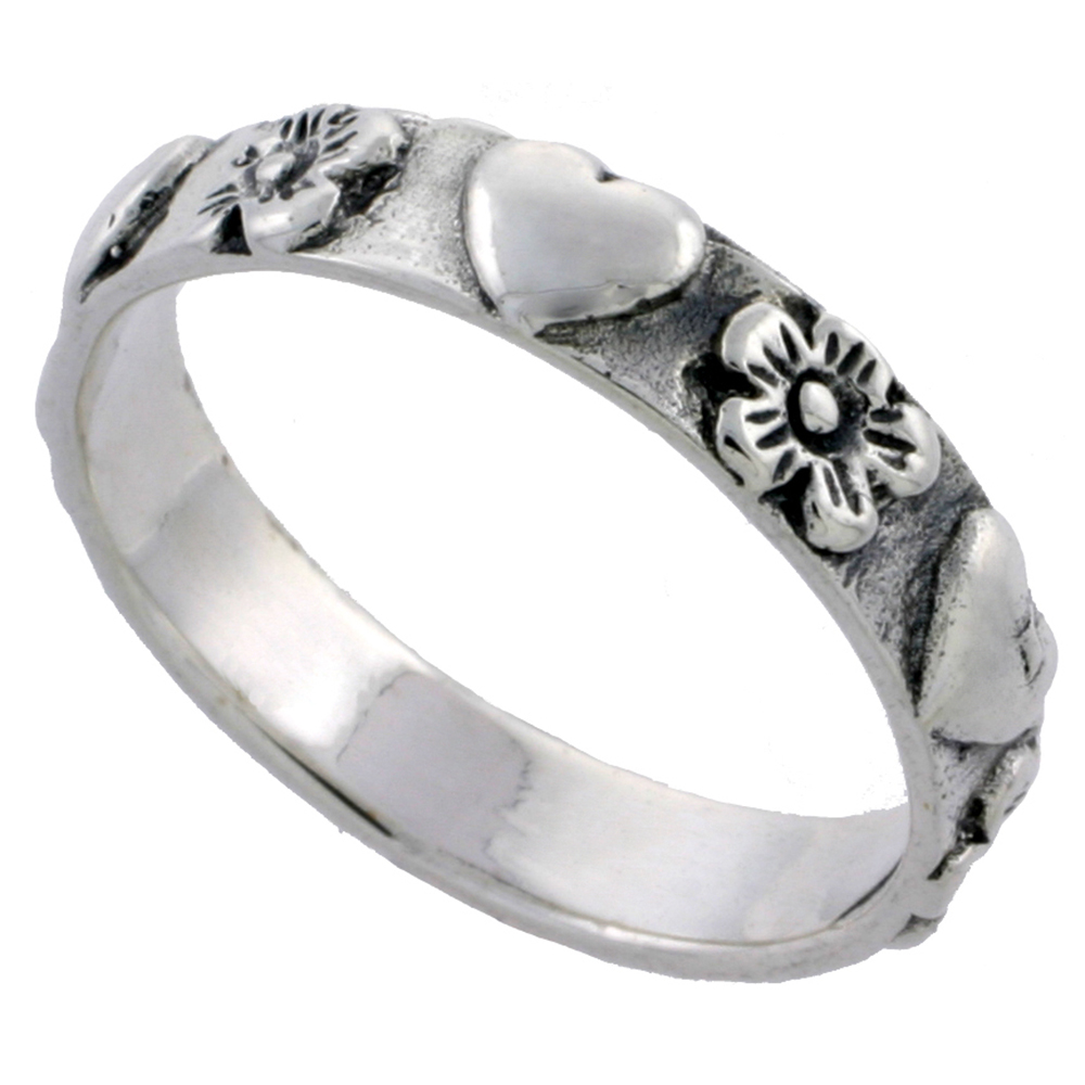 STERLING SILVER DAINTY HEARTS & FLOWERS RING 3/16 INCH SIZES 6 - 10