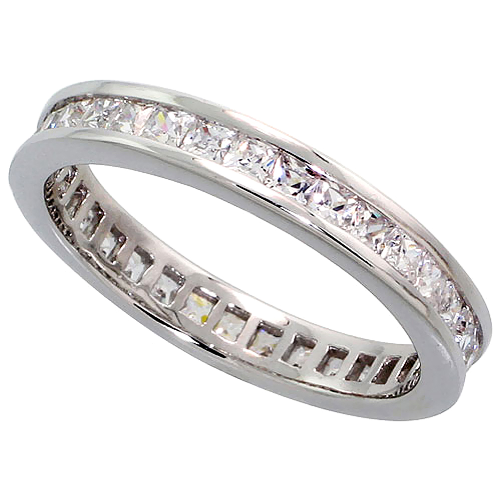 STERLING SILVER CUBIC ZIRCONIA ETERNITY RING PRINCESS CUT 2MM RHODIUM FINISH SIZES 6 - 9