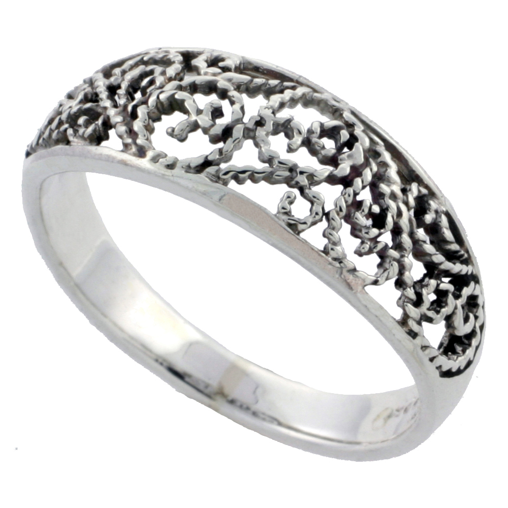 STERLING SILVER FILIGREE FLORAL VINE RING 1/4 INCH WIDE SIZES 6 - 10