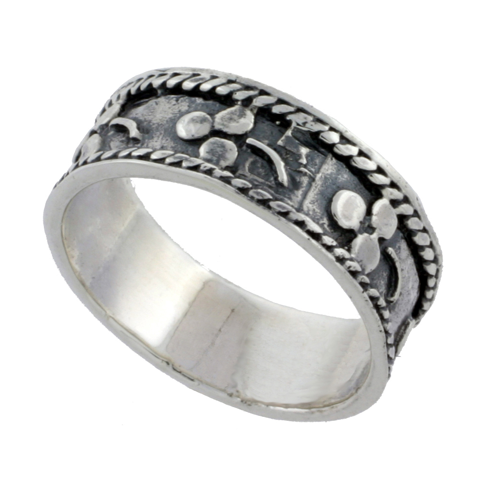 STERLING SILVER FLOWER BOUQUET RING ROPE EDGE 1/4 INCH WIDE SIZES 6 - 10