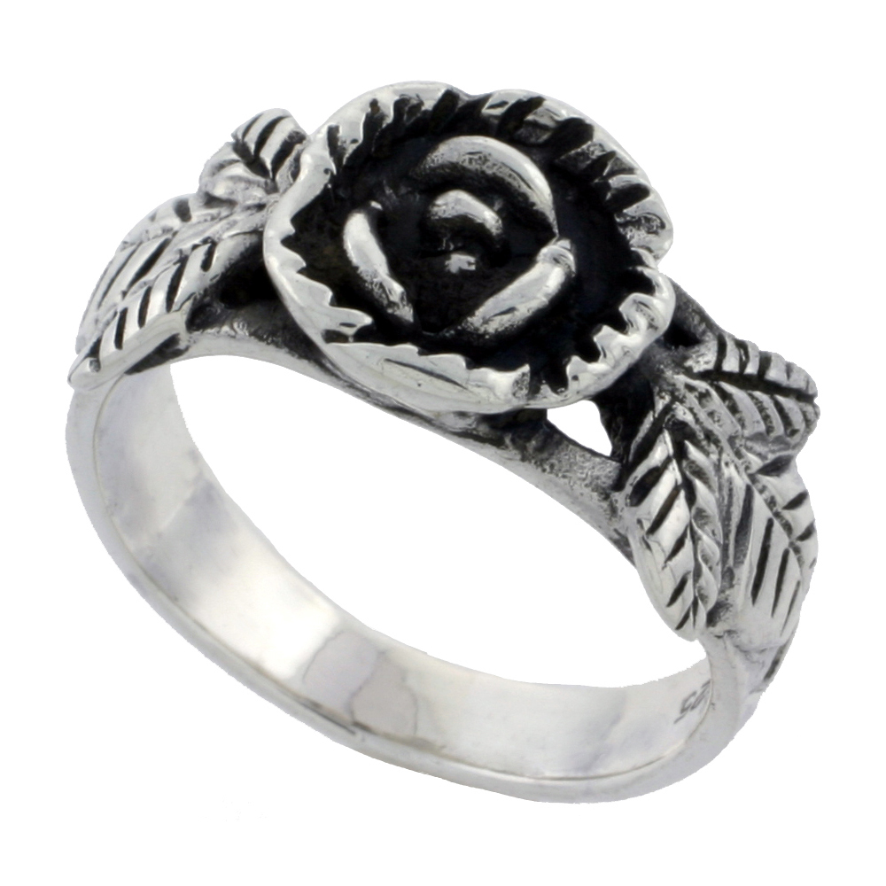 STERLING SILVER ROSE RING 3/8 INCH WIDE SIZES 6 - 10