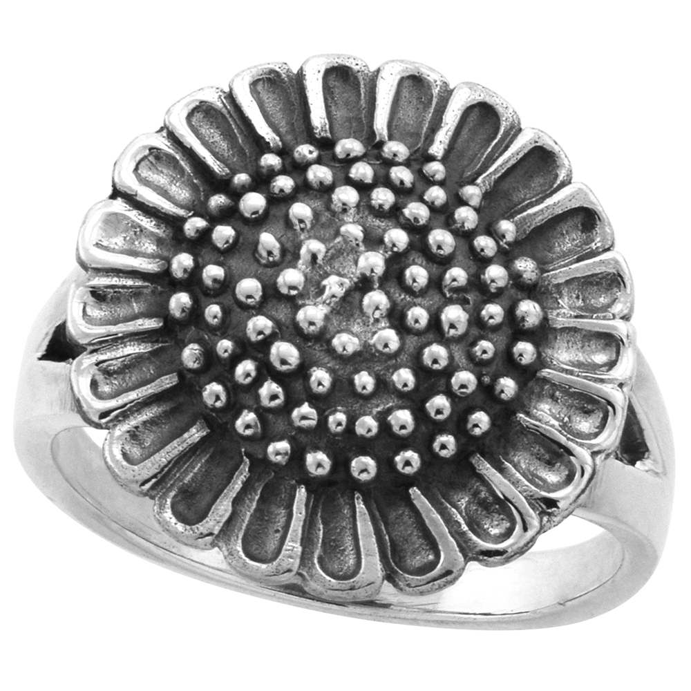 Sterling Silver Sunflower Ring Large 5/8 inch wide, sizes 6 - 10