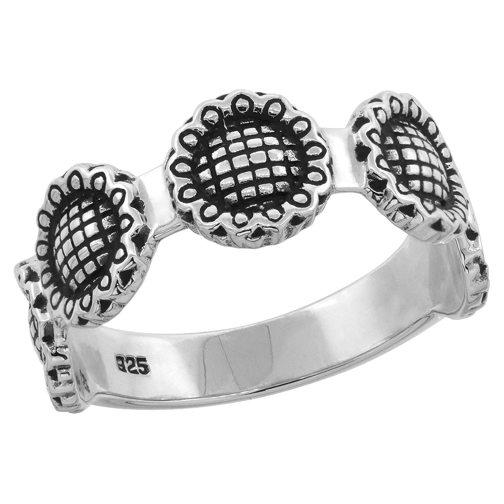 Sterling Silver Sunflowers Ring 1/4 inch wide, sizes 6 - 10