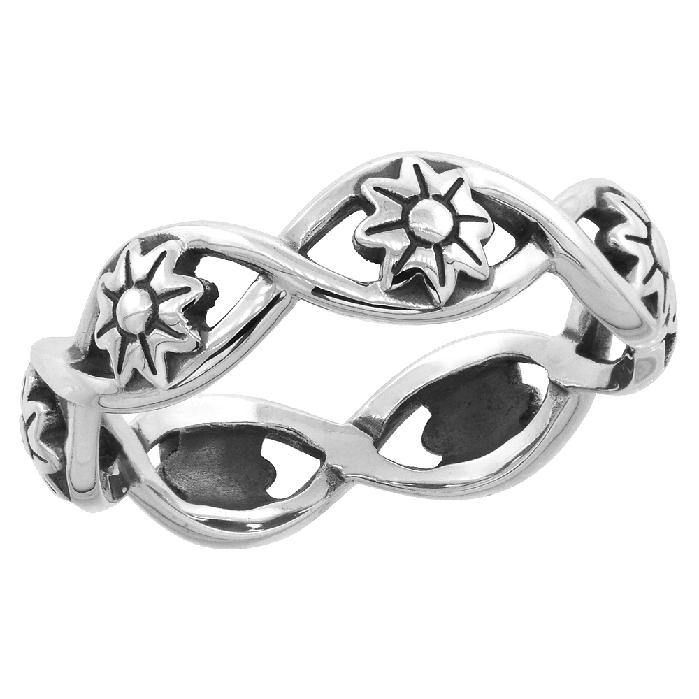 Sterling Silver Stackable Flowers Ring 1/4 inch wide, sizes 6 - 10