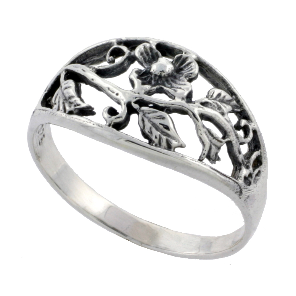 STERLING SILVER FLOWER VINE RING 7/16 INCH WIDE SIZES 6 - 10