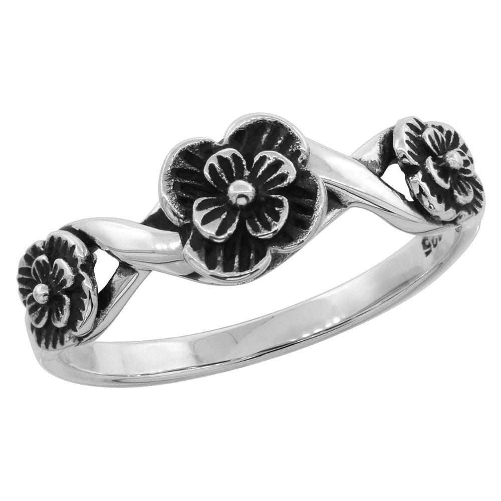STERLING SILVER 4 PETAL FLOWERS RING 5/16 INCH WIDE SIZES 6 - 10