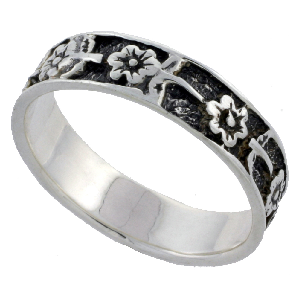 STERLING SILVER FLOWERS RING 1/4 INCH WIDE SIZES 6 - 10