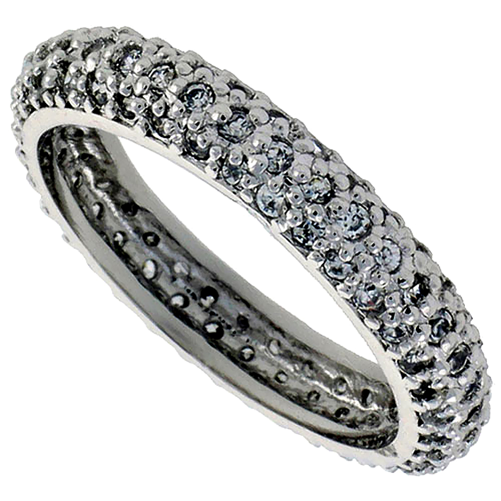 STERLING SILVER CUBIC ZIRCONIA ETERNITY RING MICRO PAVE DOMED 1/8 INCH WIDE SIZES 6 - 9