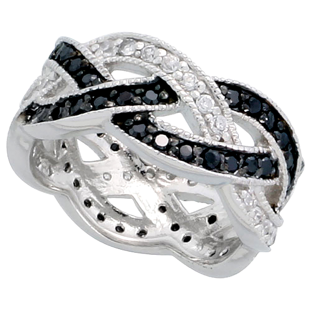 STERLING SILVER BLACK CZ RING BRAIDED RING 5/16 INCH WIDE