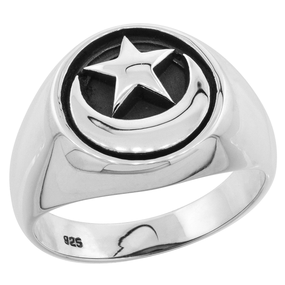 STERLING SILVER CRESCENT MOON AND STAR RING FOR WOMEN FLAWLESS FINISH 1/2 INCH WIDE SIZES 6 - 10