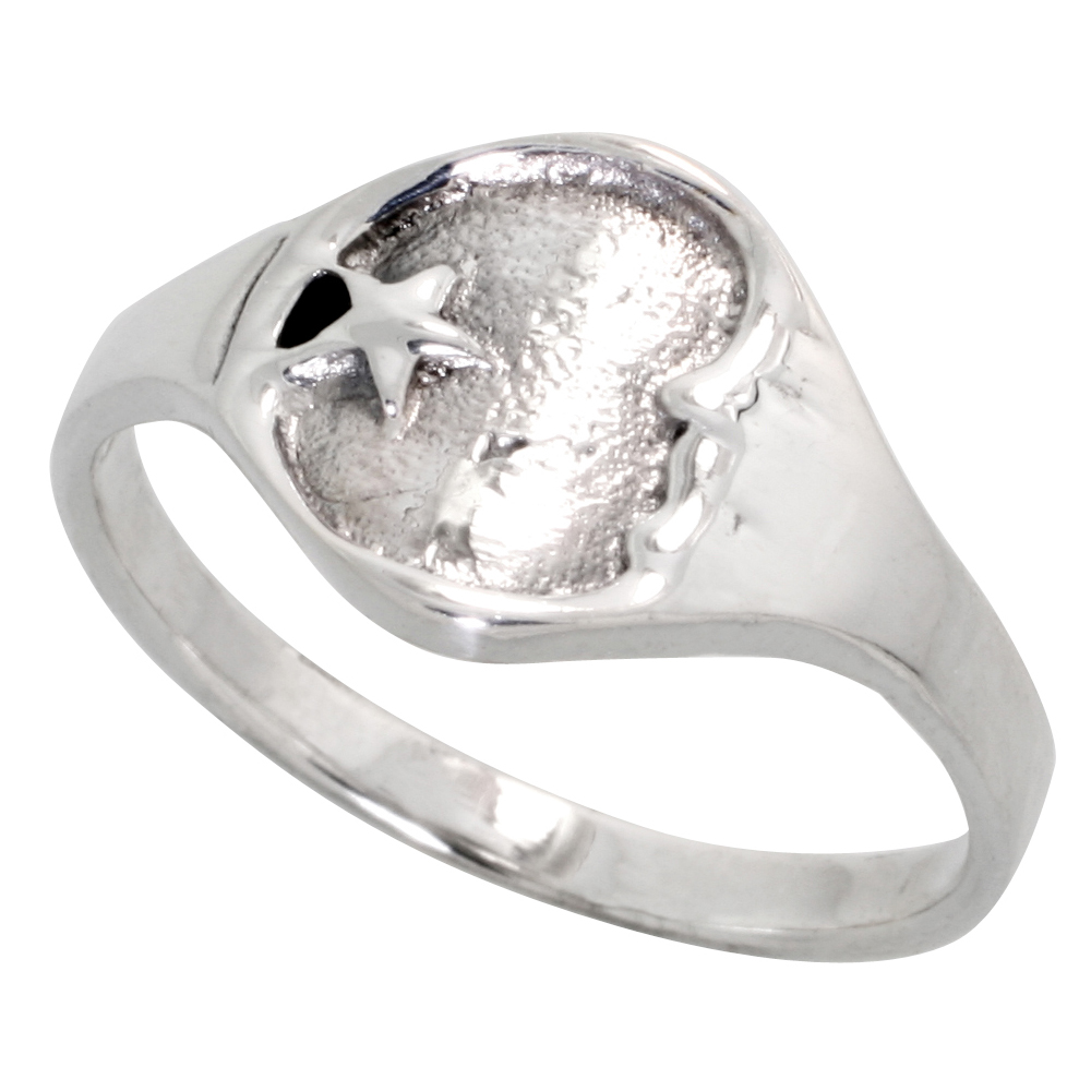 STERLING SILVER MOON & STAR RING FOR WOMEN 3/8 INCH WIDE SIZES 6 - 10