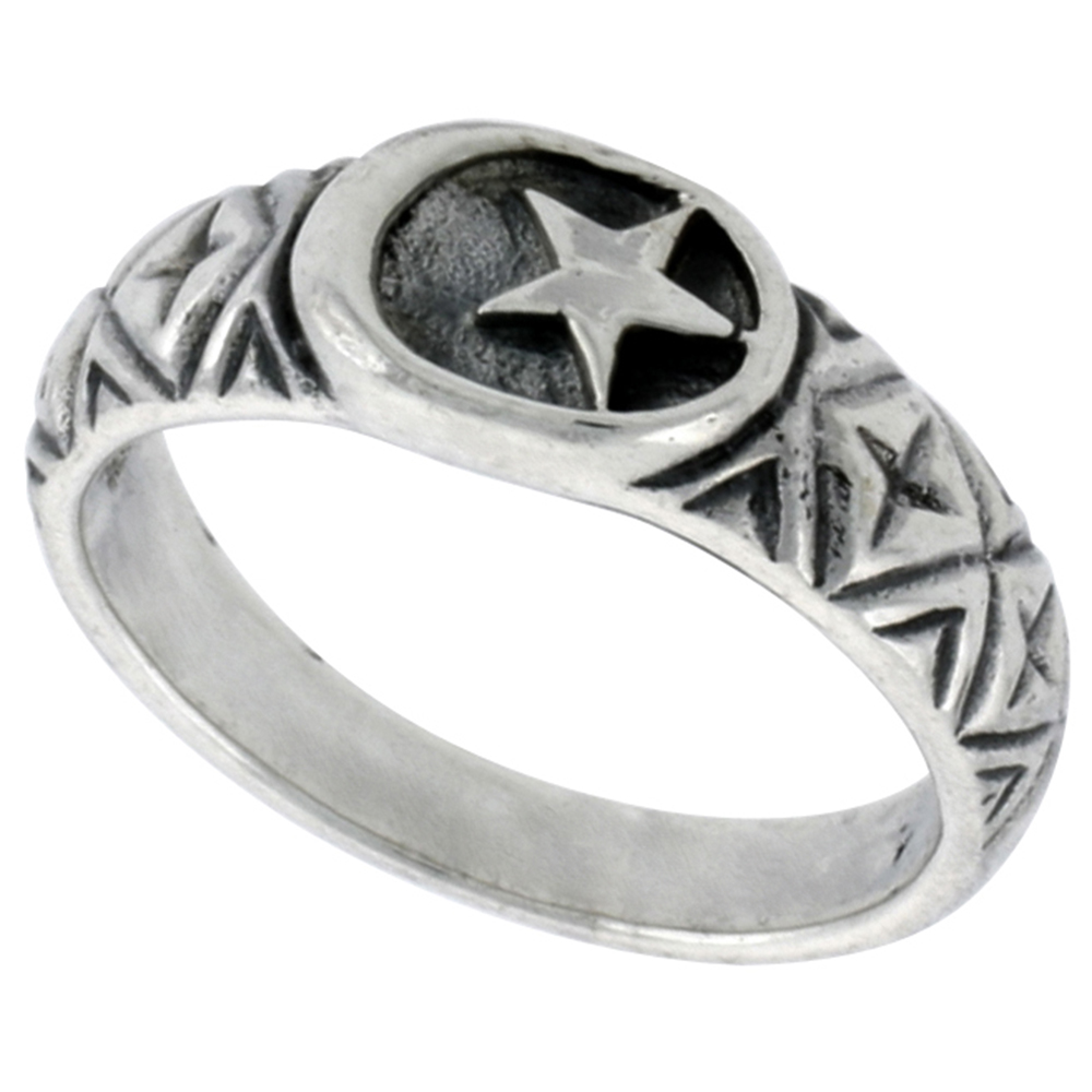 Sterling Silver Crescent Moon &amp; Star Ring for Women 1/4 inch sizes 6 - 10