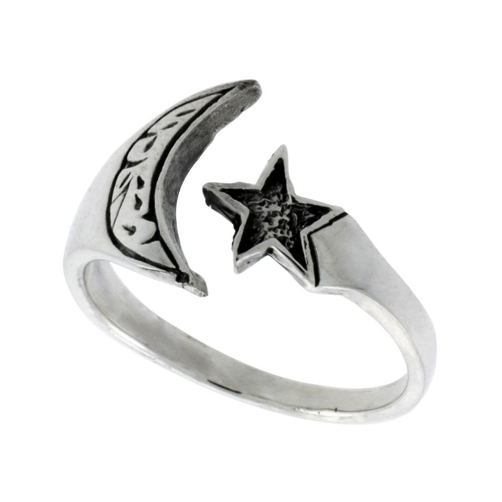 STERLING SILVER CRESCENT MOON & STAR RING FOR WOMEN 1/2 INCH WIDE SIZES 6 - 10