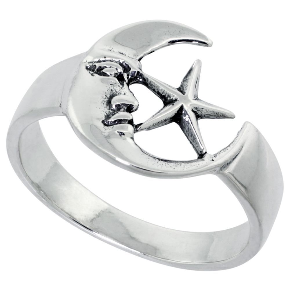 STERLING SILVER MOON & STAR RING FOR WOMEN 1/2 INCH WIDE SIZES 6 - 10