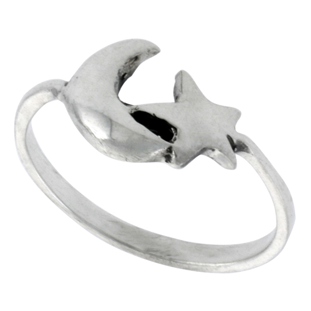 STERLING SILVER CRESCENT MOON & STAR RING FOR WOMEN 3/8 INCH WIDE SIZES 6 - 10