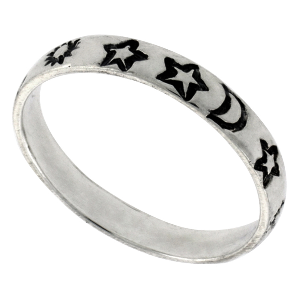 STERLING SILVER STACKABLE MOON & STARS RING FOR WOMEN CELESTIAL MOTIF 1/8 INCH SIZES 6 - 10