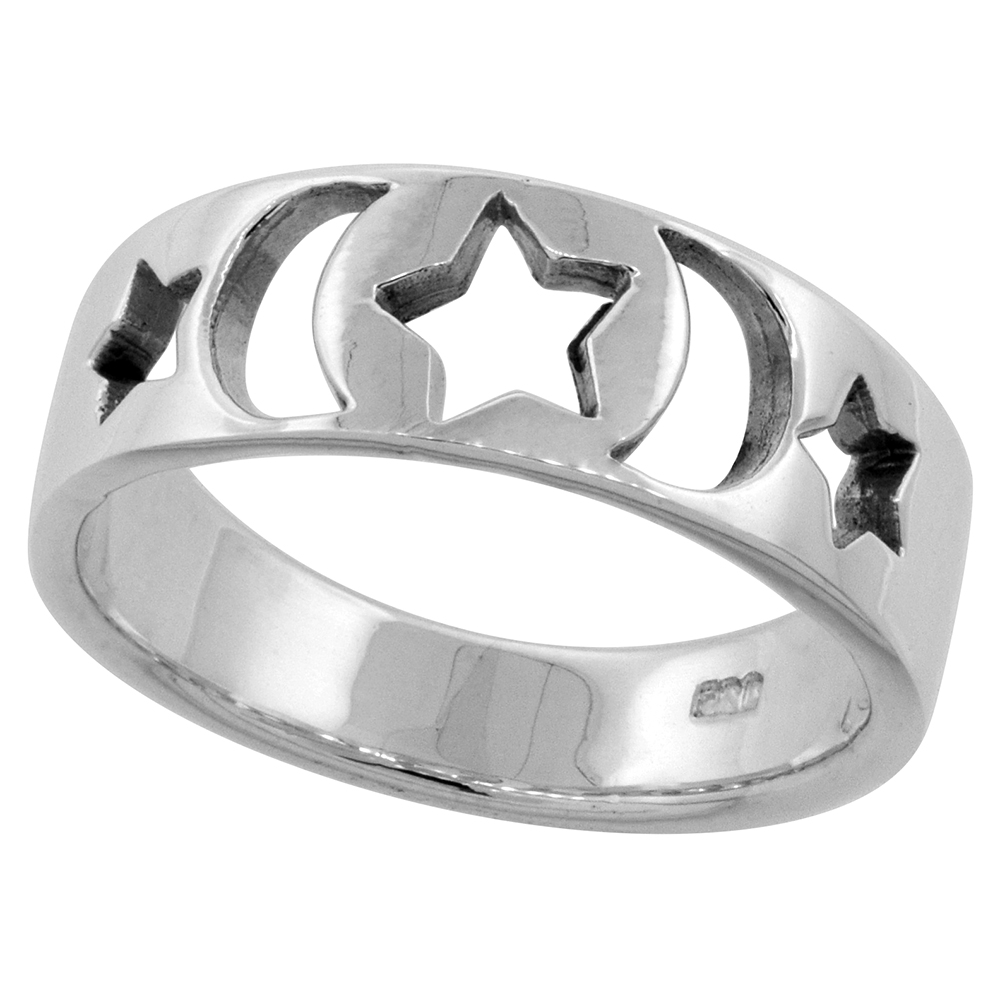 Sterling Silver Moons &amp; Stars Cigar Band Ring for Women sizes 6 - 10 1/4 inch wide sizes 6 - 10