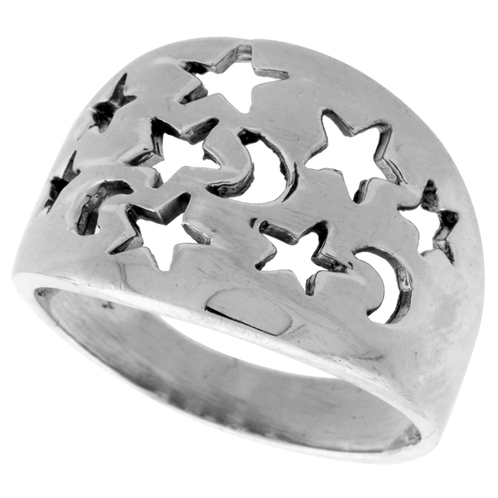 Sterling Silver Moons & Stars Cigar Band Ring for Women 5/8 inch wide sizes 6 - 10