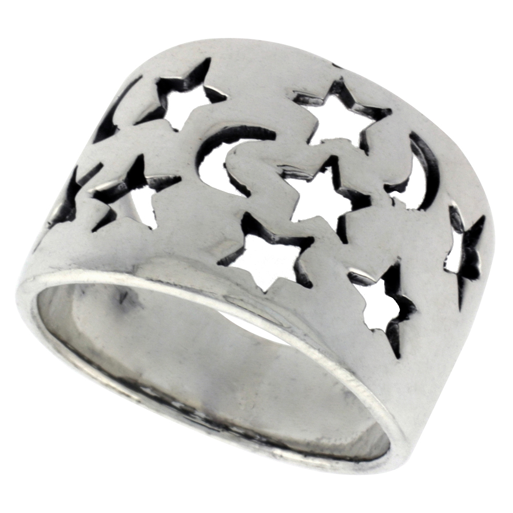 STERLING SILVER MOONS & STARS CIGAR BAND RING FOR WOMEN FLAT 5/8 INCH WIDE SIZES 6 - 10