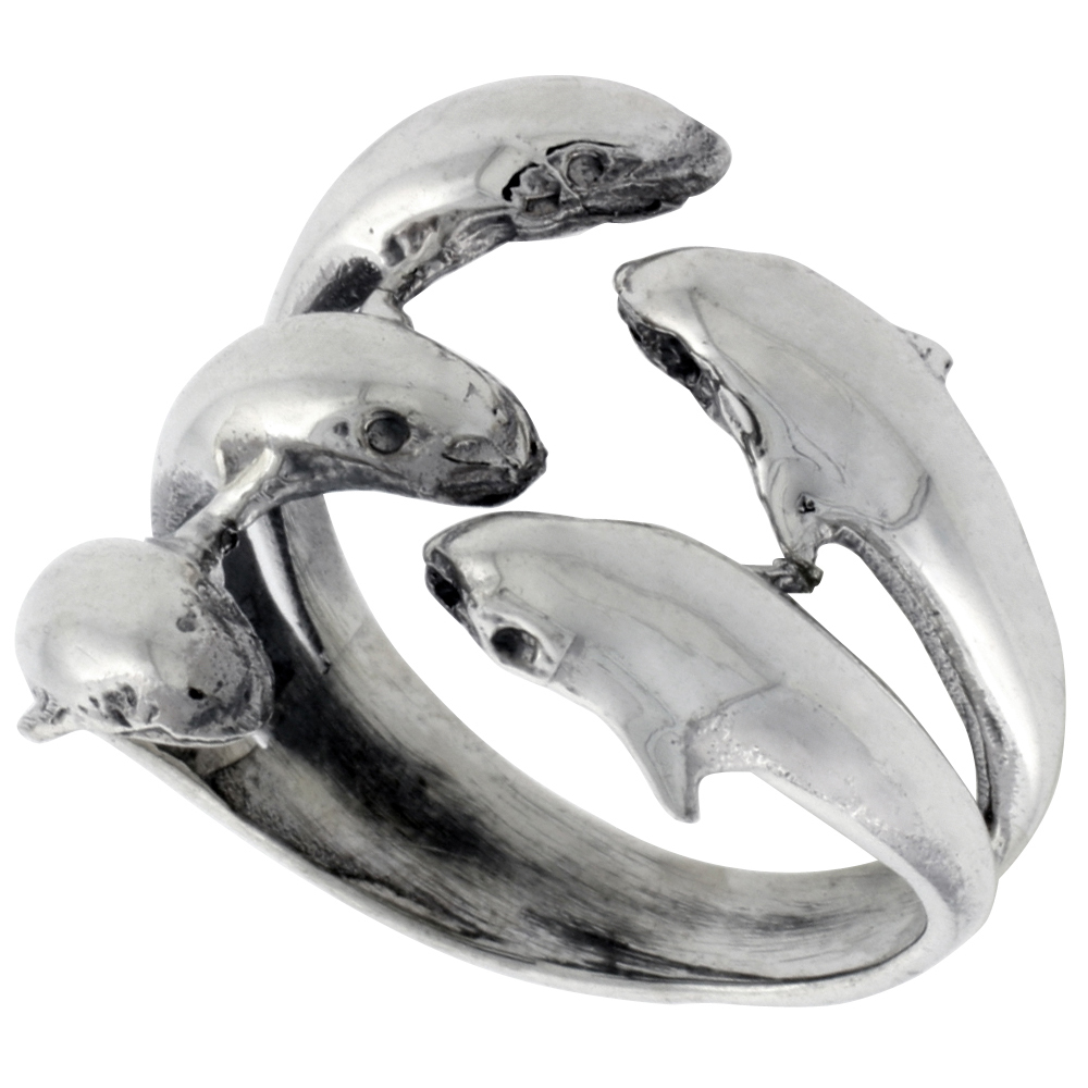 STERLING SILVER DOLPHINS RING FOR WOMEN 7/8 INCH SIZES 6 - 10