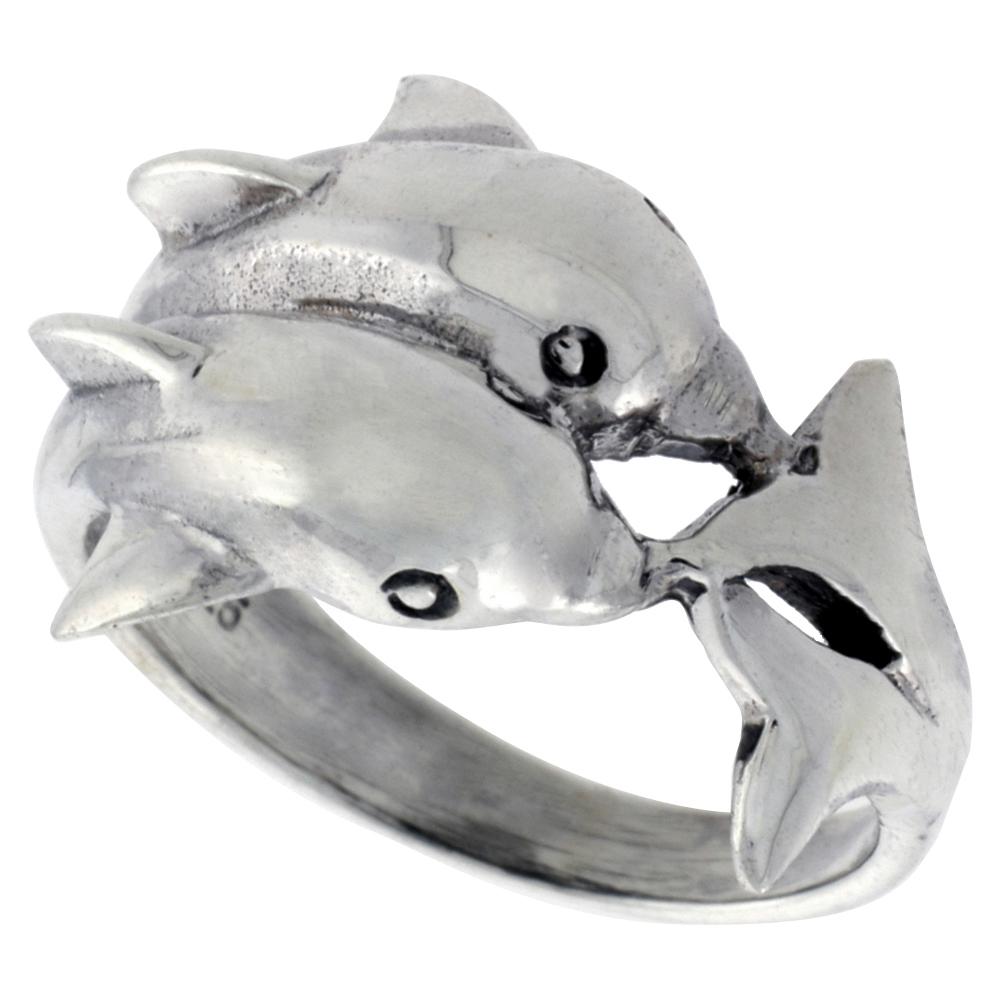 STERLING SILVER DOUBLE DOLPHIN RING FOR WOMEN 5/8 INCH WIDE SIZES 6 - 10