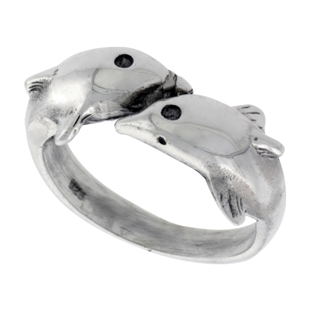 STERLING SILVER DOUBLE DOLPHIN RING FOR WOMEN 1/2 INCH WIDE SIZES 6 - 10