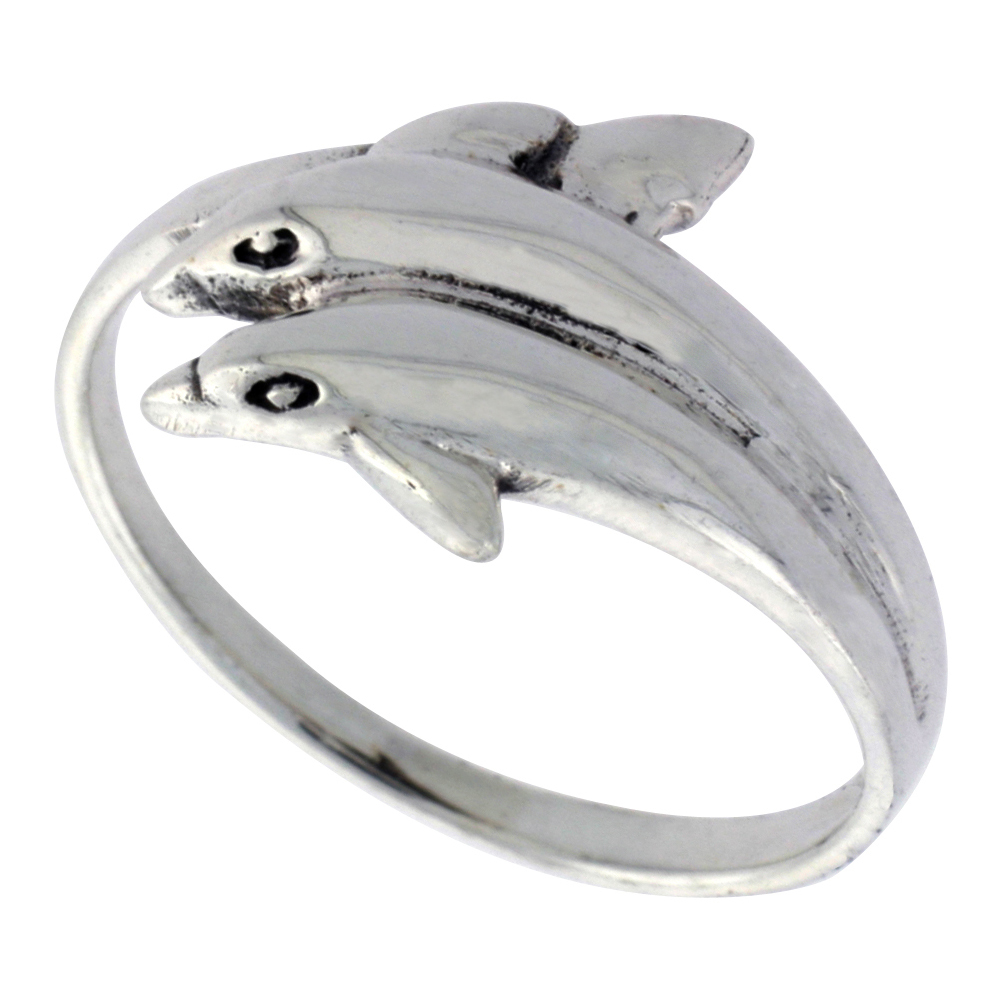STERLING SILVER DOUBLE DOLPHIN RING FOR WOMEN 1/2 INCH WIDE SIZES 6 - 10