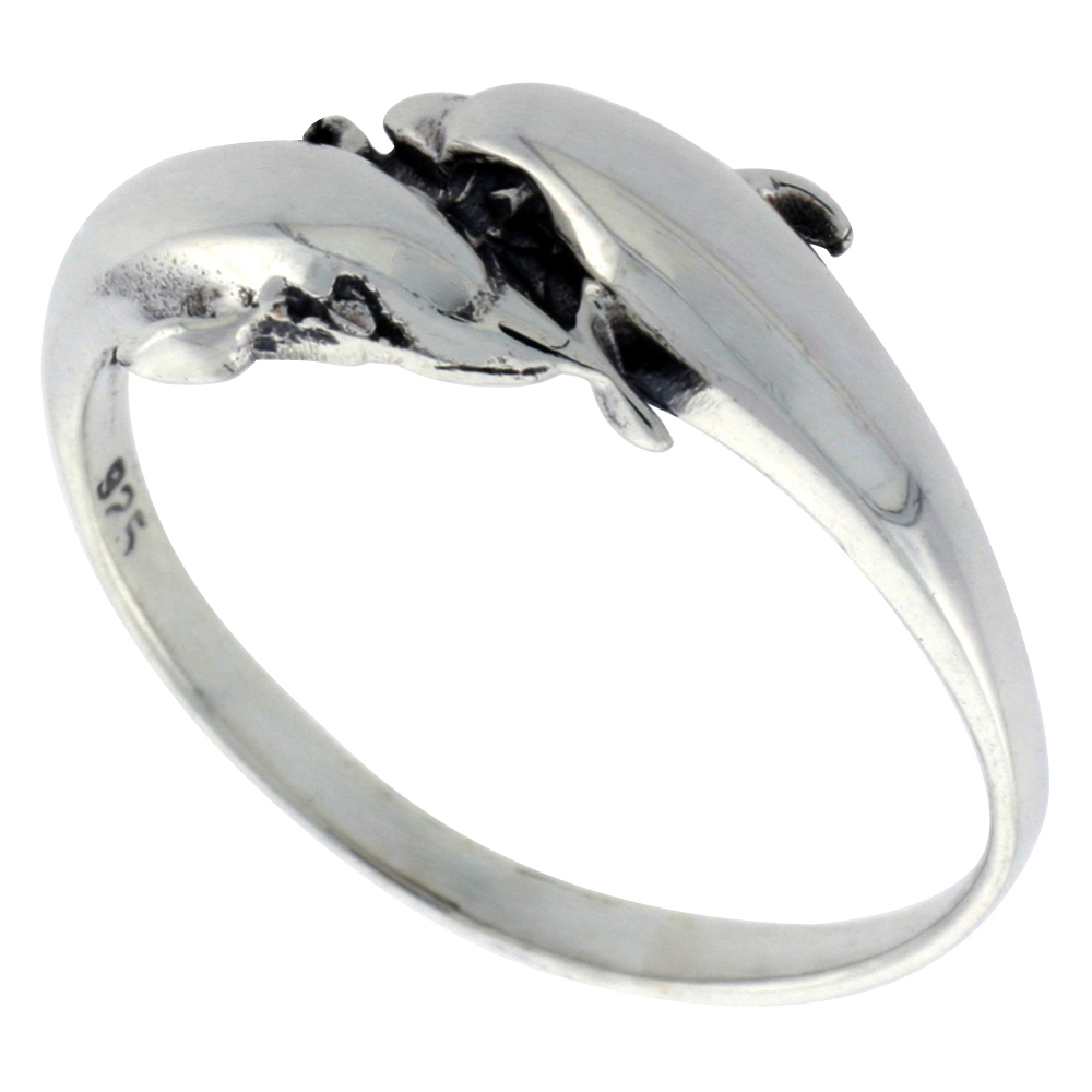 STERLING SILVER DOUBLE DOLPHIN RING FOR WOMEN 3/8 INCH WIDE SIZES 6 - 10