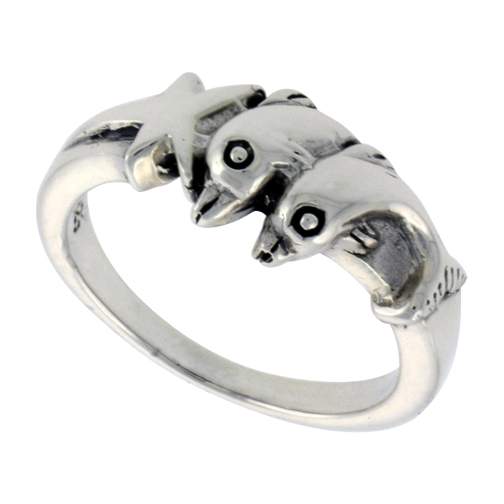 STERLING SILVER DOLPHINS WITH STAR RING FOR WOMEN 1/4 INCH WIDE SIZES 6 - 10