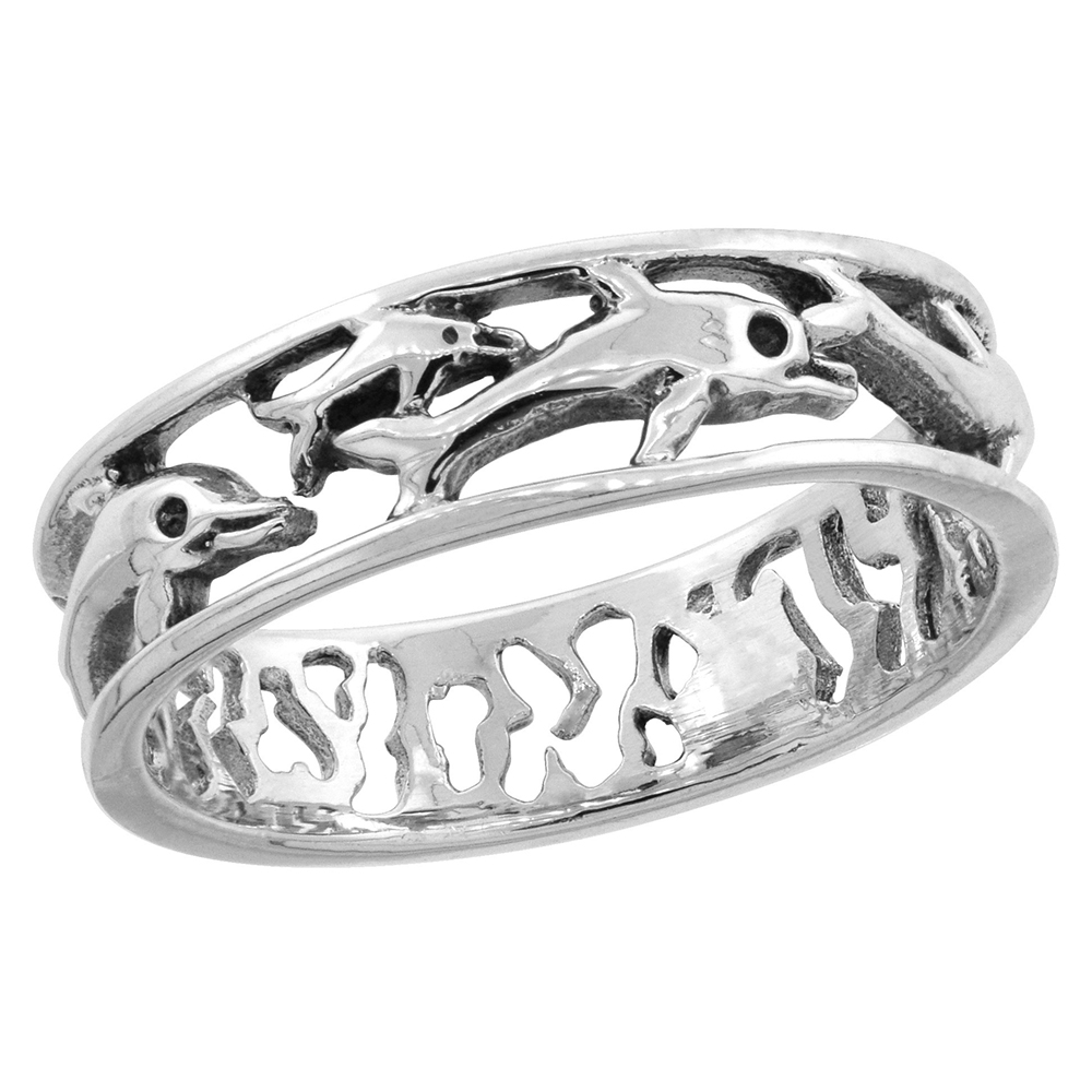 STERLING SILVER DOLPHINS RING FOR WOMEN 1/4 INCH WIDE SIZES 6 - 10